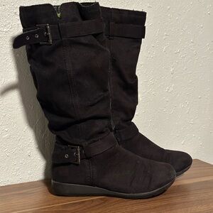Hot Kiss Amor Low Heel Faux Suede Black Mid-Calf Zip Slouch Boots